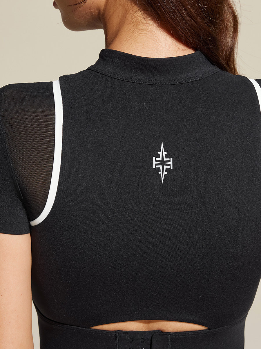 Black Spliced Sports Mesh Short Sleeve Bra
