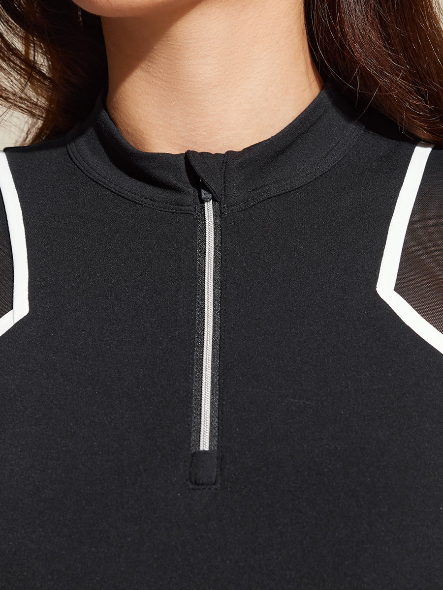 Black Spliced Sports Mesh Short Sleeve Bra